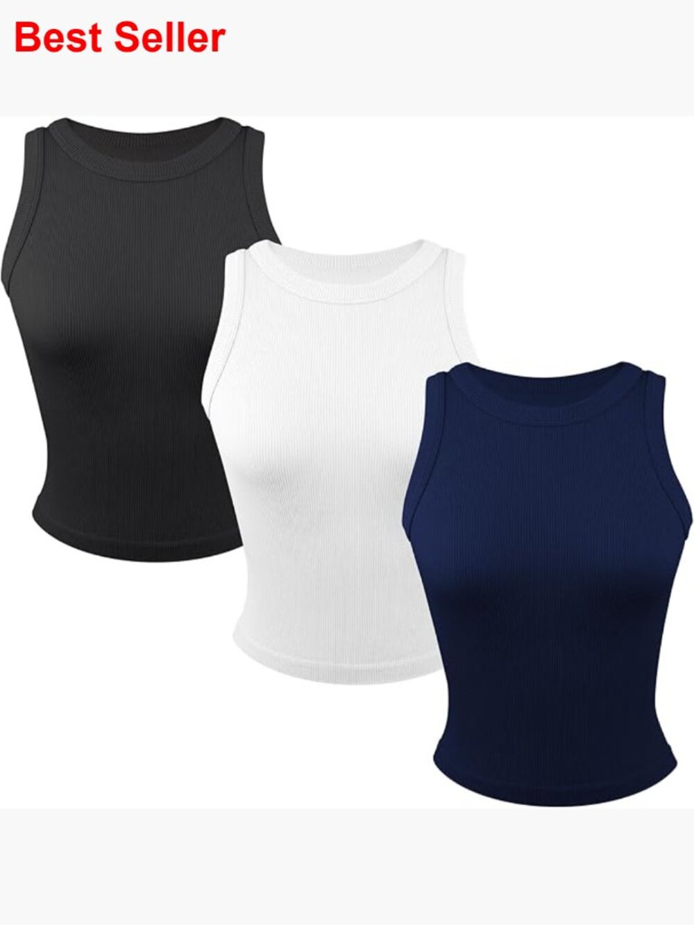 Ribbed Stretch Tank Tops 3-Pack, Crew Neck Workout Yoga Tops